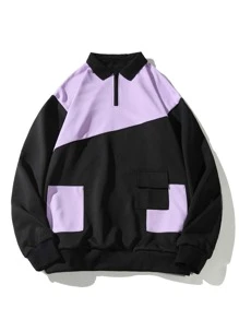 ROMWE MEN 男士剪裁拼接拉鍊抓毛衣 - 黑色 - 查看 1