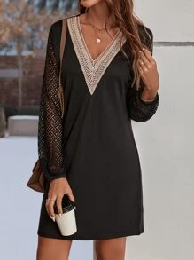SHEIN LUNE Guipure Lace Insert Lantern Sleeve Dress - Black - View 4