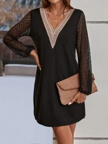 SHEIN LUNE Guipure Lace Insert Lantern Sleeve Dress - Black - View 5