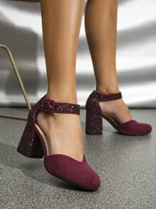 Glitter Detail Faux Suede Ankle Strap Pumps - Burgundy - View 2