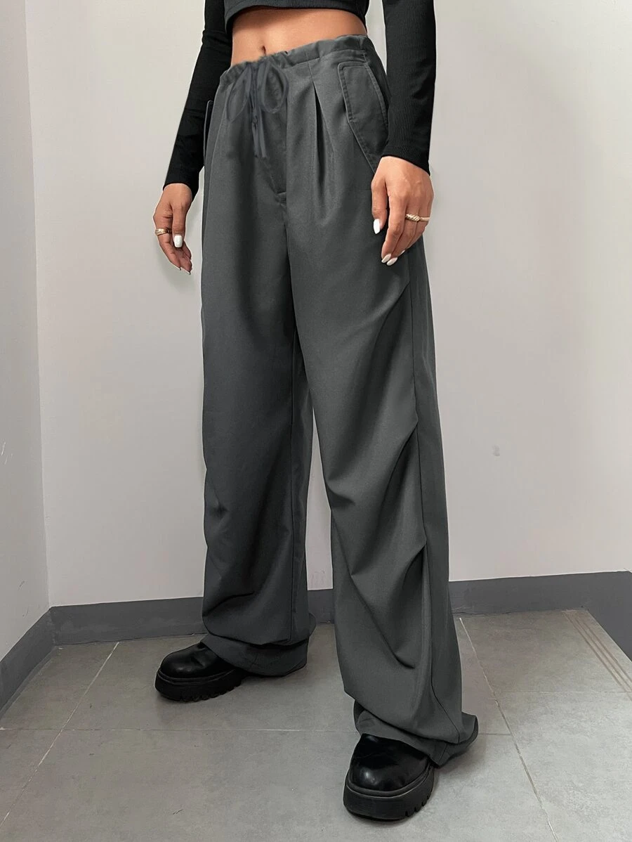 EURMUSE Pantalones parachute unicolor de cintura con cordón - Gris Oscuro - Ver 1