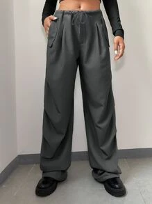 EURMUSE Pantalones parachute unicolor de cintura con cordón - Gris Oscuro - Ver 2