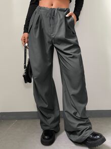 EURMUSE Pantalones parachute unicolor de cintura con cordón - Gris Oscuro - Ver 4