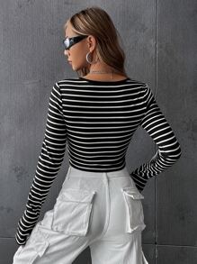 SHEIN EZwear Áo thun nữ Đắp vá Sọc Giải trí - Đen và trắng - Xem 2