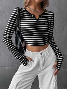 SHEIN EZwear Áo thun nữ Đắp vá Sọc Giải trí - Đen và trắng - Xem 1