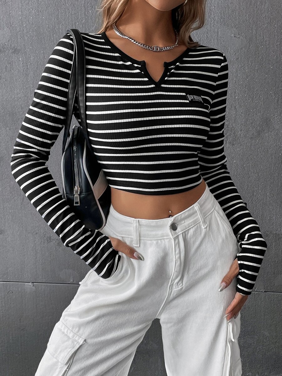 SHEIN EZwear Áo thun nữ Đắp vá Sọc Giải trí - Đen và trắng - Xem 1
