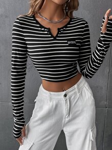 SHEIN EZwear Áo thun nữ Đắp vá Sọc Giải trí - Đen và trắng - Xem 4