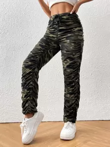 SHEIN EZwear Camo Print Ruched Stacked Trousers - Multicolor - View 3