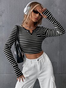 SHEIN EZwear Áo thun nữ Đắp vá Sọc Giải trí - Đen và trắng - Xem 5
