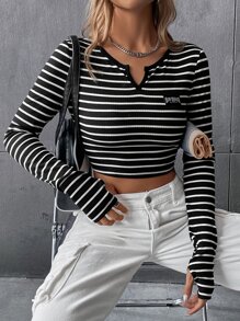 SHEIN EZwear Áo thun nữ Đắp vá Sọc Giải trí - Đen và trắng - Xem 6