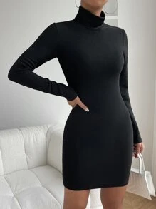 SHEIN Privé 小高領緊身連衣裙 - 黑色 - 查看 3