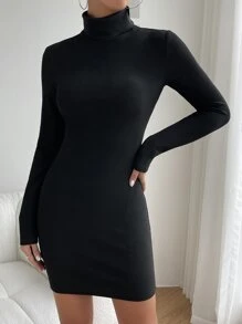 SHEIN Privé 小高領緊身連衣裙 - 黑色 - 查看 5