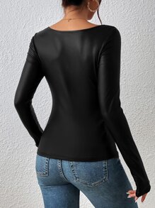SHEIN Privé Solid Scoop Neck Tee - Black - View 2