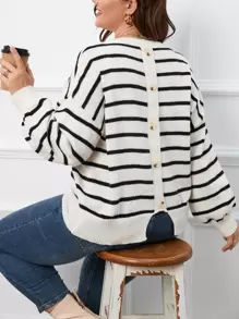 Flirla Plus Striped Pattern Button Back Drop Shoulder Jumper - Black and White - View 1