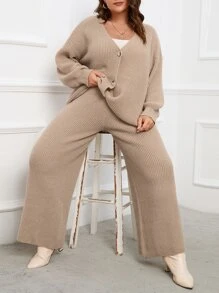 Mulvari Plus Drop Shoulder Cardigan & Wide Leg Knit Trousers - Khaki - View 3
