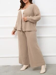 Mulvari Plus Drop Shoulder Cardigan & Wide Leg Knit Trousers - Khaki - View 5