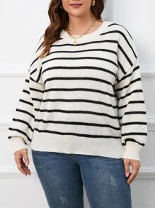 Flirla Plus Striped Pattern Button Back Drop Shoulder Jumper - Black and White - View 4