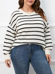 Flirla Plus Striped Pattern Button Back Drop Shoulder Jumper - Black and White - View 5