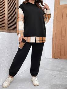 SHEIN LUNE Plus Plaid Print Drop Shoulder Hoodie & Joggers - Black - View 1
