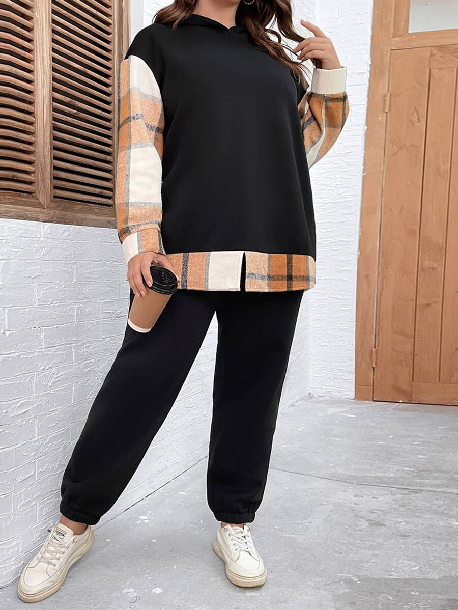 SHEIN LUNE Plus Plaid Print Drop Shoulder Hoodie & Joggers - Black - View 1