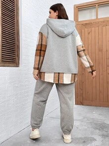 SHEIN LUNE Plus Plaid Print Drop Shoulder Hoodie & Joggers - Light Grey - View 2
