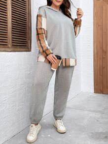 SHEIN LUNE Plus Plaid Print Drop Shoulder Hoodie & Joggers - Light Grey - View 3