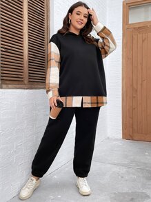 SHEIN LUNE Plus Plaid Print Drop Shoulder Hoodie & Joggers - Black - View 3