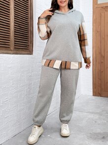 SHEIN LUNE Plus Plaid Print Drop Shoulder Hoodie & Joggers - Light Grey - View 4