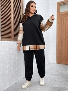 SHEIN LUNE Plus Plaid Print Drop Shoulder Hoodie & Joggers - Black - View 4