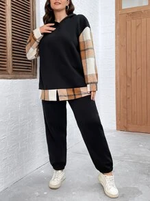 SHEIN LUNE Plus Plaid Print Drop Shoulder Hoodie & Joggers - Black - View 5