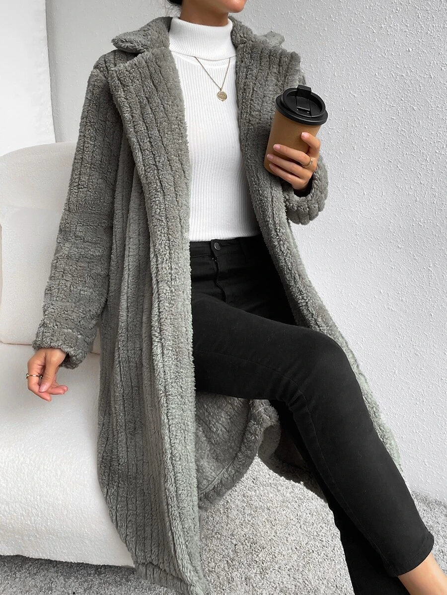 SHEIN EZwear Abrigo teddy de cuello con solapa con parte delantera abierta - Gris Claro - Ver 1