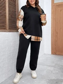 SHEIN LUNE Plus Plaid Print Drop Shoulder Hoodie & Joggers - Black - View 6