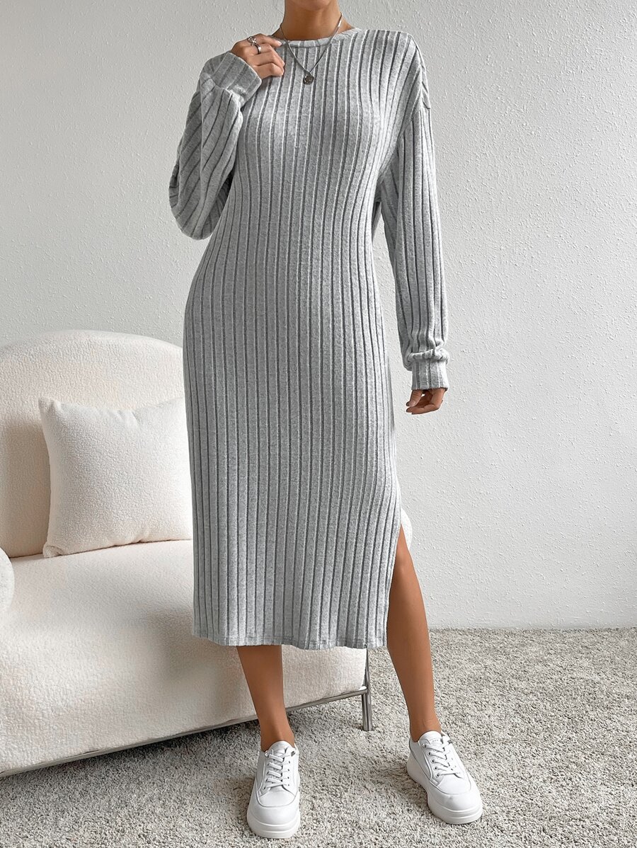 SHEIN Essnce 素色下擺開叉T恤連衣裙 - 灰色 - 查看 1