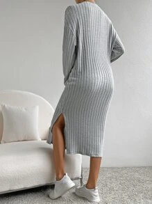 SHEIN Essnce 素色下擺開叉T恤連衣裙 - 灰色 - 查看 2