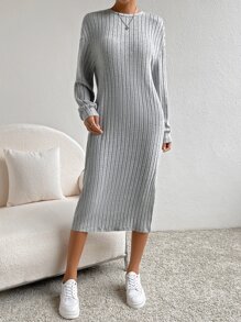 SHEIN Essnce 素色下擺開叉T恤連衣裙 - 灰色 - 查看 3