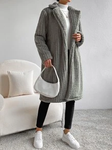 SHEIN EZwear Abrigo teddy de cuello con solapa con parte delantera abierta - Gris Claro - Ver 3