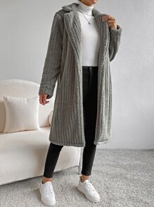 SHEIN EZwear Abrigo teddy de cuello con solapa con parte delantera abierta - Gris Claro - Ver 4