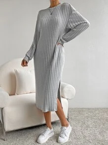 SHEIN Essnce 素色下擺開叉T恤連衣裙 - 灰色 - 查看 6