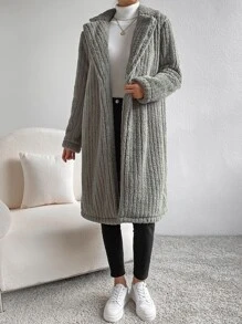 SHEIN EZwear Abrigo teddy de cuello con solapa con parte delantera abierta - Gris Claro - Ver 5