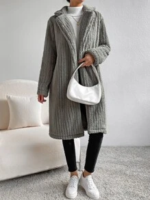 SHEIN EZwear Abrigo teddy de cuello con solapa con parte delantera abierta - Gris Claro - Ver 6