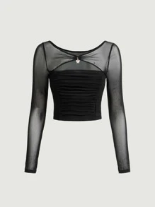 SHEIN MOD Solid Ruched Mesh Top