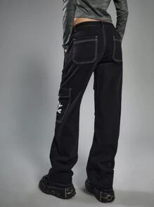 ROMWE Grunge Punk Skull Letter Graphic Boy Friend Jeans - Black - View 2