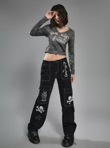 ROMWE Grunge Punk Skull Letter Graphic Boy Friend Jeans - Black - View 3