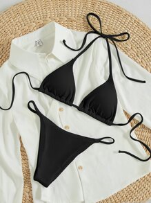 Summer Beach Ribbed Bikini Set Tie Back Halter Triangle Bra & Thong 2 Piece Bathing Suit