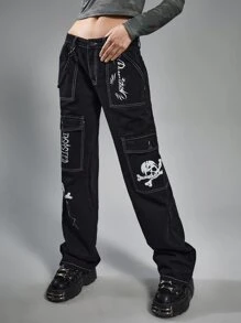 ROMWE Grunge Punk Skull Letter Graphic Boy Friend Jeans - Black - View 4