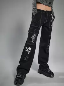 ROMWE Grunge Punk Skull Letter Graphic Boy Friend Jeans - Black - View 5