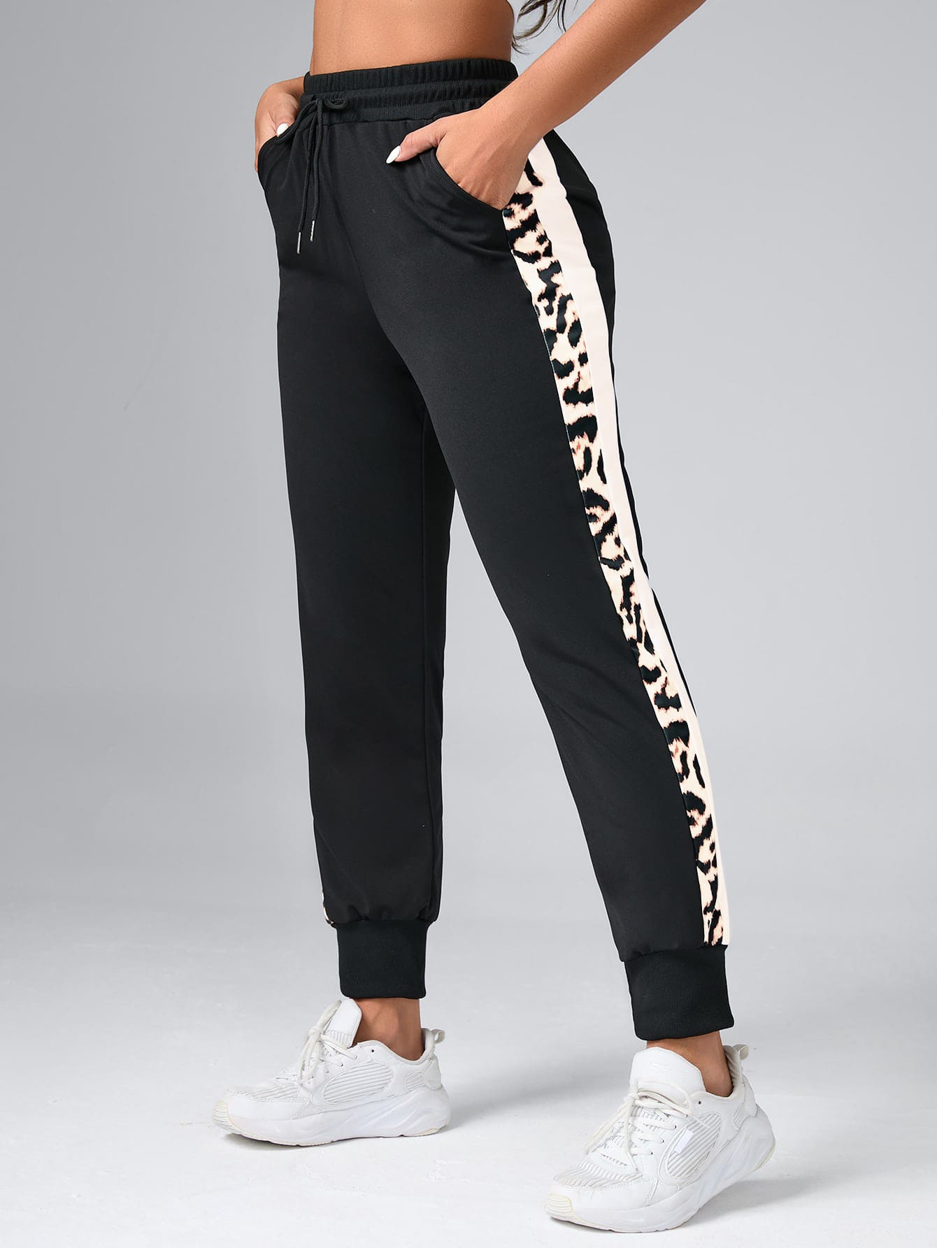 Easithlete Leopard Print Drawstring Waist Sports Pants - Black - View 1