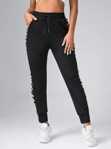 Easithlete Leopard Print Drawstring Waist Sports Pants - Black - View 4