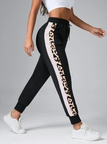 Easithlete Leopard Print Drawstring Waist Sports Pants - Black - View 5