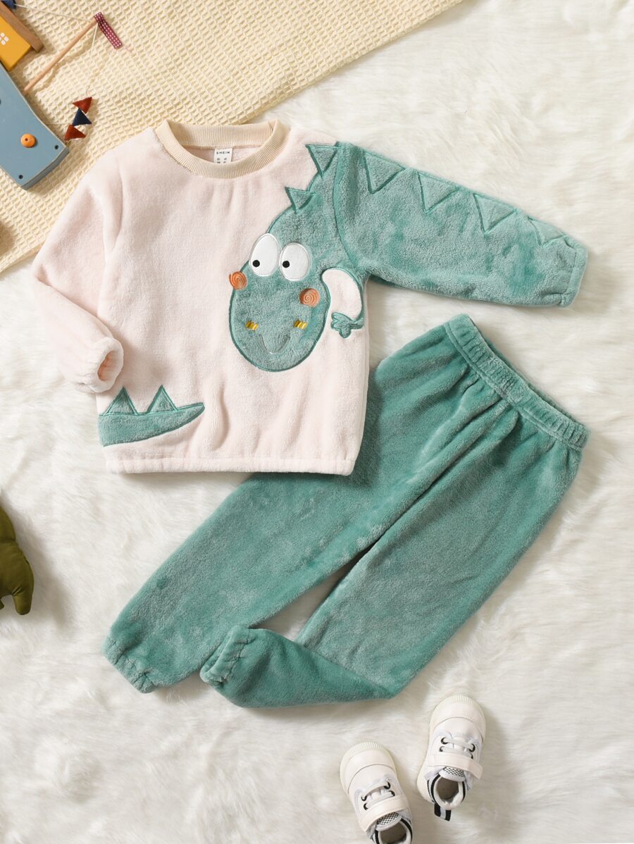 SHEIN Young Boy Cartoon Embroidery Flannel Pullover & Sweatpants - Multicolor - View 1